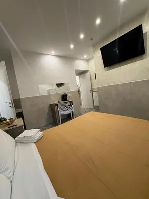 a room with a flat screen tv on a wall at LUXOR ECO ROMA CASA E APPARTAMENTO PER VACANZE IN CENTRO Piazza Bologna, Colosseo, Piazza di Spagna, Vaticano, San Pietro, Sapienza, Fontana di Trevi, Piazza Navona, Trastevere, Tiburtina, Termini, Aeroporto in Rome