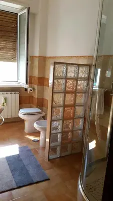 a bathroom with a toilet and a glass shower at The Voice of the Pope in Rome