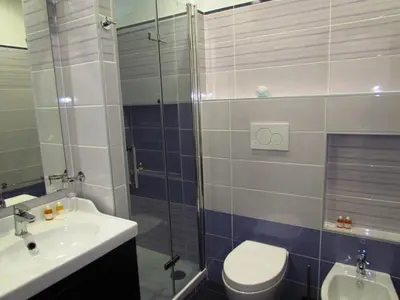 a bathroom with a shower and a toilet and a sink at Latere Vatican Loft in Rome
