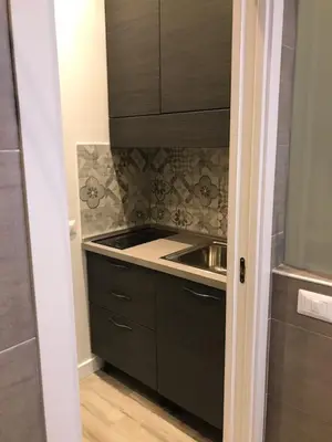 a small kitchen with a stove and a sink at Rome Studio Rental in Rome