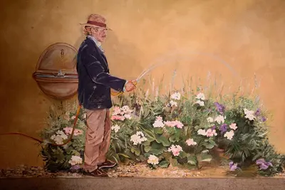 a painting of a man watering flowers in a garden at Hotel Santa Maria in Rome