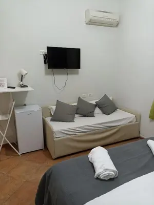 a bedroom with two beds and a tv on the wall at Martini Rooms in Rome
