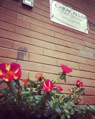a sign on the side of a brick wall with flowers at Caracalla Room Rental in Rome