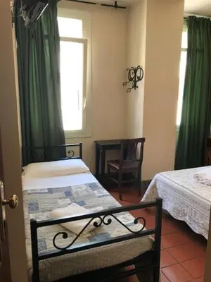 a bedroom with two beds and a window with green curtains at Hotel OKAPI in Rome