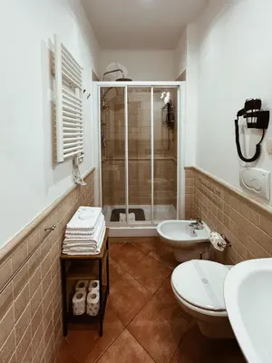 a bathroom with a shower and a toilet and a sink at Residenza Sciarra Suites in Rome