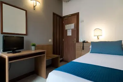 a bedroom with a bed and a desk with a television at Hotel Pacific in Rome