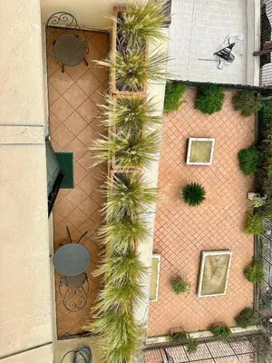an overhead view of a patio with palm trees at Hotel Principe Di Piemonte in Rome