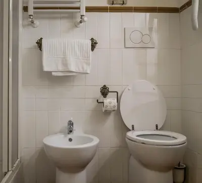 a white bathroom with a toilet and a sink at Hotel 4 Coronati in Rome