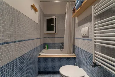 a blue tiled bathroom with a toilet and a tub at Vatican Attic With Terrace in Rome