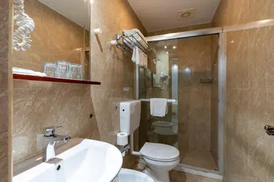 a bathroom with a toilet and a sink and a shower at Leone D'Oro GUESTHOUSE - close to Piazza Vittorio in Rome