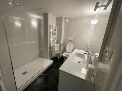 a bathroom with a sink and a shower and a toilet at Foro Romano Apartments A in Rome