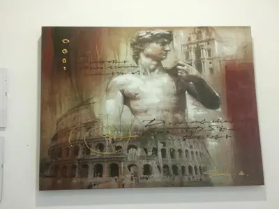 a painting of a man talking on a cell phone at Magic Stefy's Rooms in Rome
