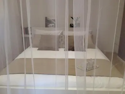 a bedroom with a bed with a white curtain at White Apartment in San Giovanni in Rome