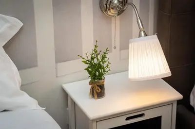 a lamp and a plant on a nightstand next to a bed at Termini Central Inn in Rome