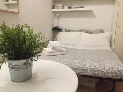 a bedroom with a bed with a potted plant on a table at Small Navona Studio in Rome