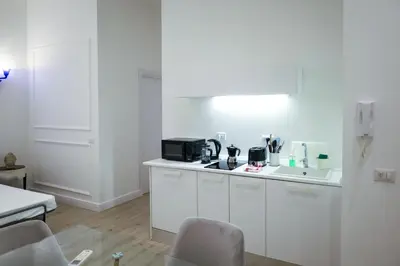 a white kitchen with a sink and a microwave at Aureliana Luxury Apartments in Rome