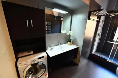 a bathroom with a washing machine and a sink at The Roman Residence in Rome