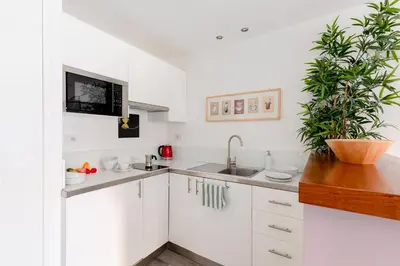 a kitchen with white cabinets and a potted plant at Rhome Accomodation in Rome
