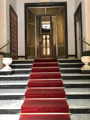 a set of red carpeted stairs leading to a door at Mio House Vatican in Rome