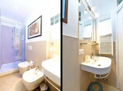two pictures of a bathroom with a sink and a toilet at Roma Borgo91 in Rome