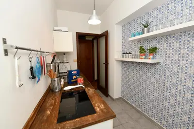 a kitchen with blue and white tiles on the wall at Saint Peter House Germanico in Rome