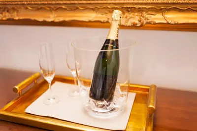 a bottle of wine sitting on a tray with two glasses at Tritone 91 Apartments in Rome