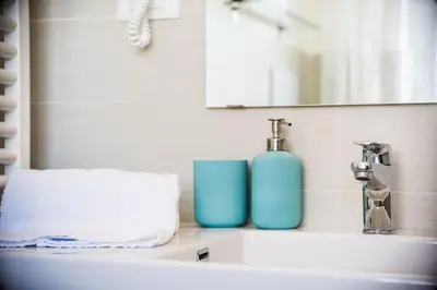 a bathroom sink with a bottle of soap and a mirror at Il Pesco Al Vaticano in Rome
