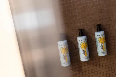 three bottles of soap on a wall in a bathroom at Margutta Mews in Rome