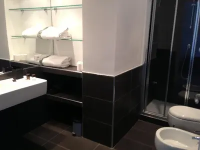 a bathroom with a sink and a toilet and a shower at Megi San Peter Apartment in Rome