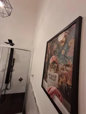a picture of a bathroom with a poster on the wall at Double B Ferruccio I in Rome