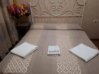 a bed with two white towels on top of it at Botel Inn in Rome