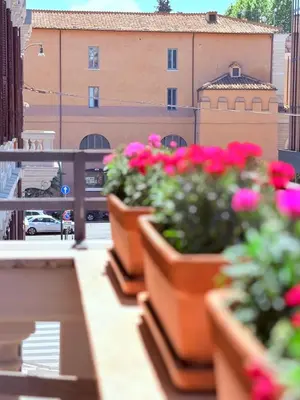 a row of potted flowers on a balcony at 900 Piazza del Popolo in Rome