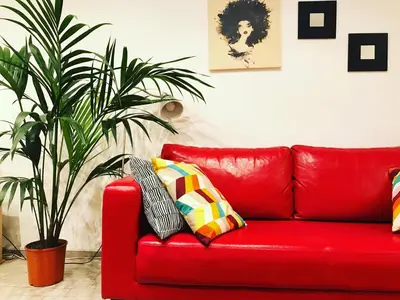 a red couch in a living room with a plant at Trastevere Vintage Rosazza in Rome