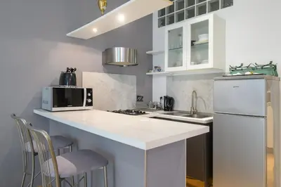 a kitchen with a white counter top and a refrigerator at Studio via Nicola Fabrizi in Rome