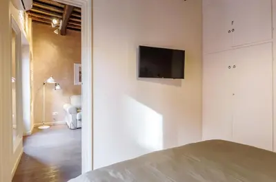 a room with a tv on a wall with a bed at Trans Tiberim in Rome
