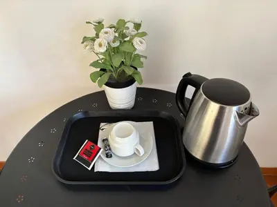 a table with a tray with a coffee cup and a pot of flowers at Steps from the Vatican Guesthouse in Rome