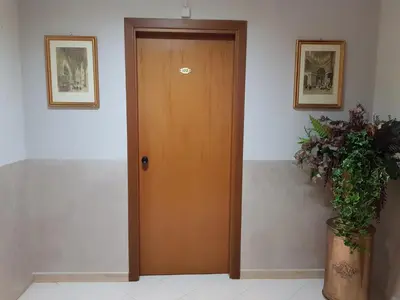 a wooden door in a room with a plant at Hotel Kennedy in Rome