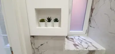 a bathroom with three plants in white vases on a shelf at Rome Aparts in Rome