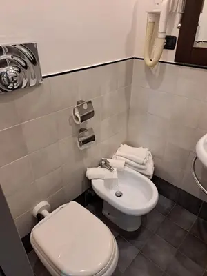 a bathroom with a white toilet and a sink at Hotel Giuggioli in Rome