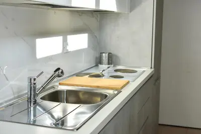 a kitchen with a stainless steel sink and a stove at Appartamento Piazza del parlamento 3 in Rome