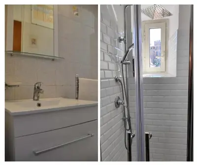 two pictures of a bathroom with a sink and a shower at Valentina Vatican Apartment in Rome
