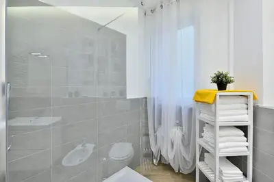 a bathroom with a shower and a toilet and a sink at New Romantic Trastevere Apartment in Rome
