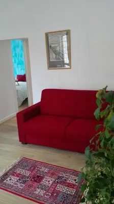 a red couch in a living room with a rug at CASA CENEDA 46 in Rome