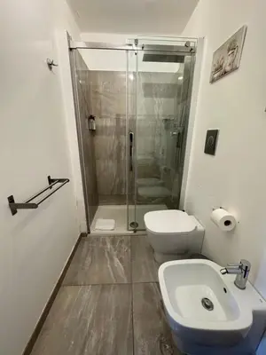 a bathroom with a shower and a toilet and a sink at RHS Rienzo Suites in Rome