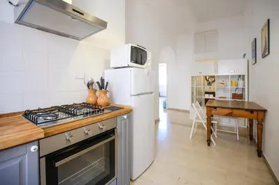 a kitchen with a stove and a refrigerator at Spacious Apartment with Big Terrace at Colosseum in Rome