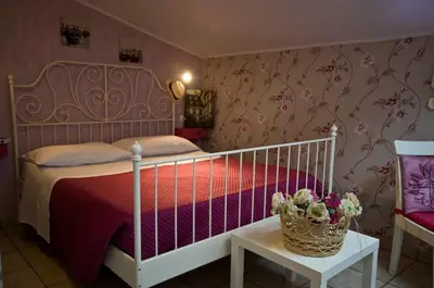 a bedroom with a bed with a red and purple blanket at Alma de Roma in Rome