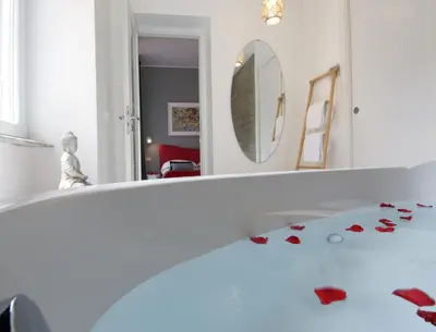 a bathroom with a mirror and a tub with red flowers on the floor at B&B Amor in Rome