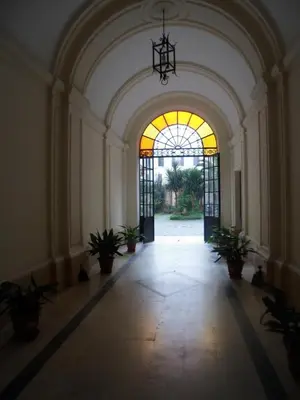 an empty hallway with potted plants and a large window at Giovy in Rome