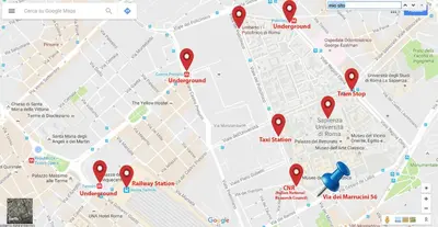a map of google maps with pointers at Casa Vacanza Marrucini in Rome
