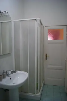 a bathroom with a shower and a sink and a shower backdoor at Tatusa al Colosseo in Rome